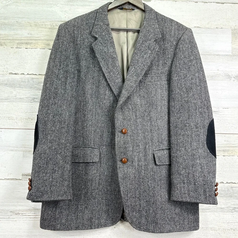 Andhurst‎ Harris Tweed Blazer Jacket Herringbone Scottish Wool Elbow Patches 41R